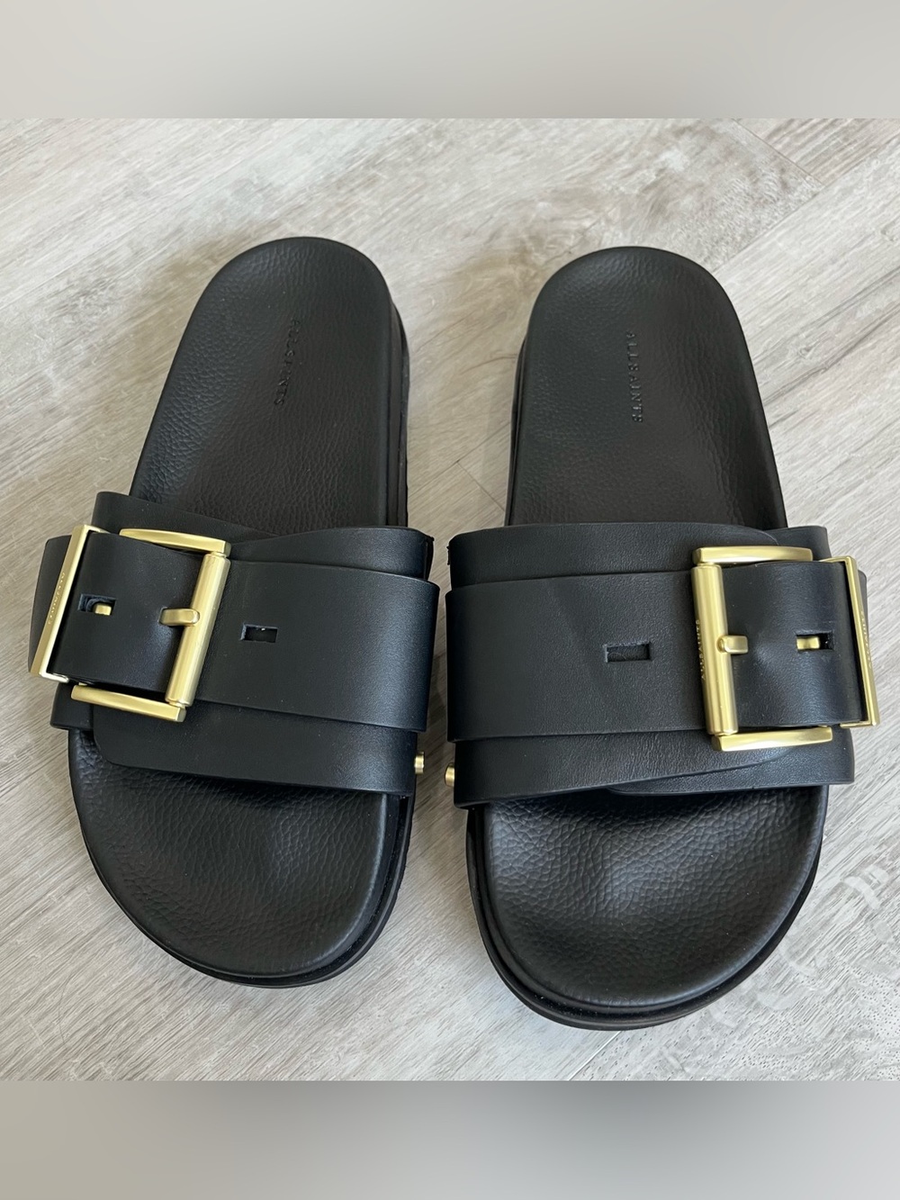 AllSaints Ellie Stud Slider Black Leather Gold Sandal Shoe 9 / EU 39 NWT NWOB - Picture 2 of 11